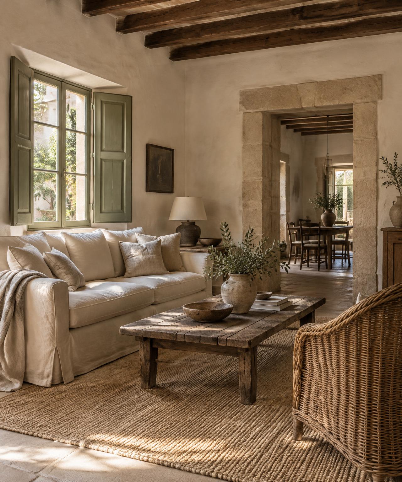 Illustrative living room with natural linen and exposed wooden beams